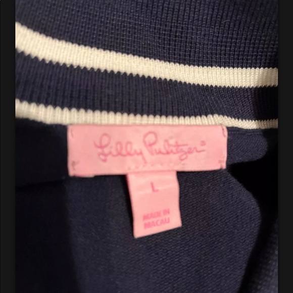 Lilly Pulitzer Sweater Pullover Sz L Navy Blue White V-Neck Pocket Gold Accent - Picture 4 of 5